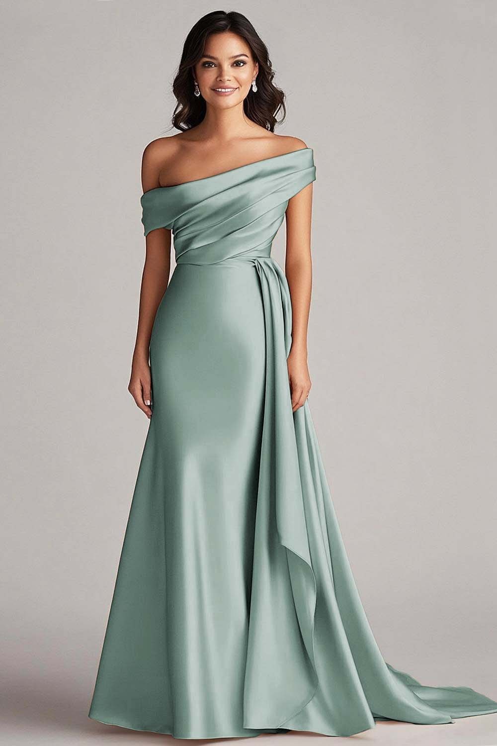 Champagne Satin Mermaid Sweep Train Formal Dress with Side Cape