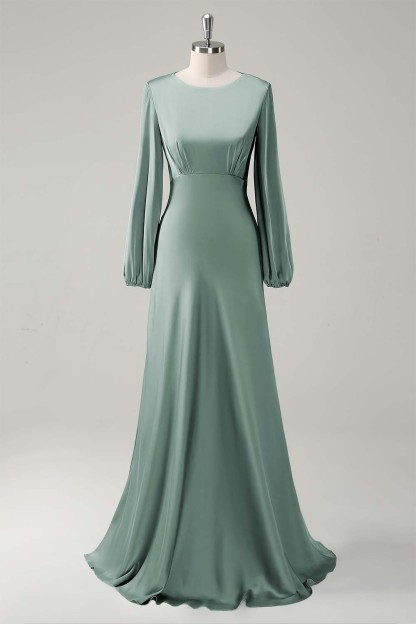 Sage Long Sleeves Satin A-Line Bridesmaid Dress
