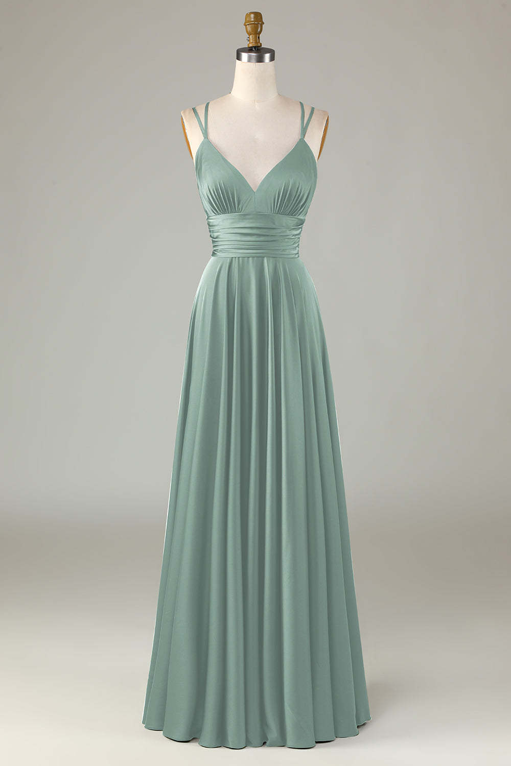 A-Line Sleeveless Olive Long Bridesmaid Dress