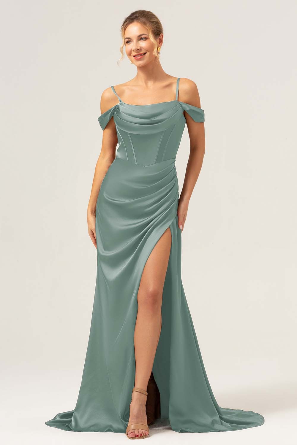 Coffee Cold Shoulder Satin Mermaid Wedding Party Dress with Slit