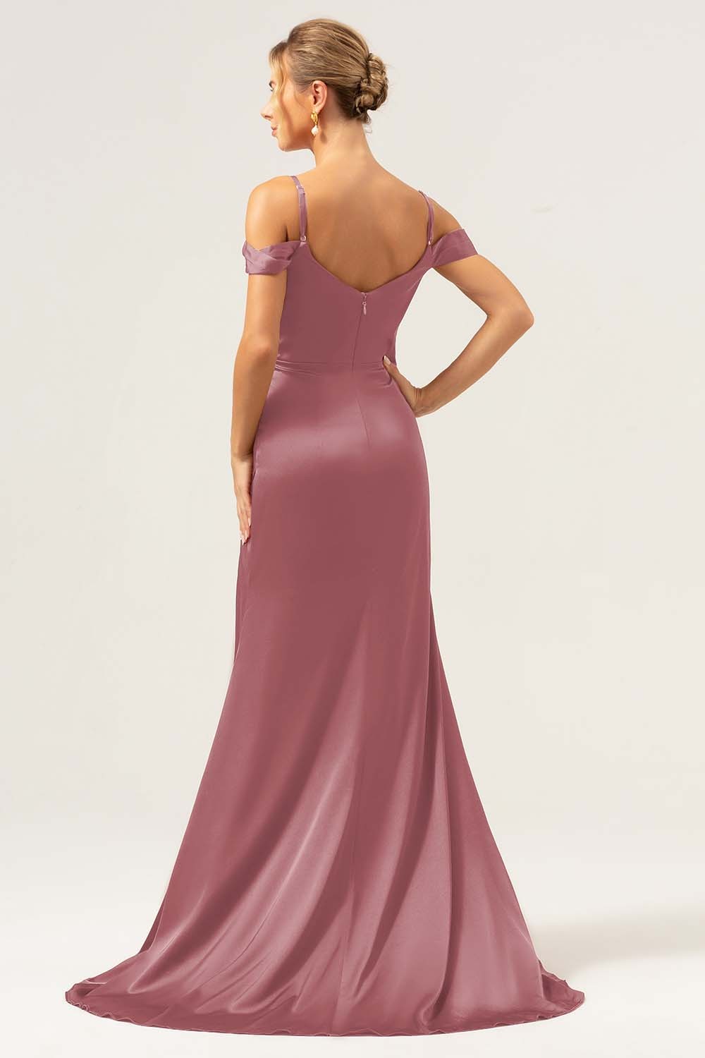 Coffee Cold Shoulder Satin Mermaid Wedding Party Dress with Slit