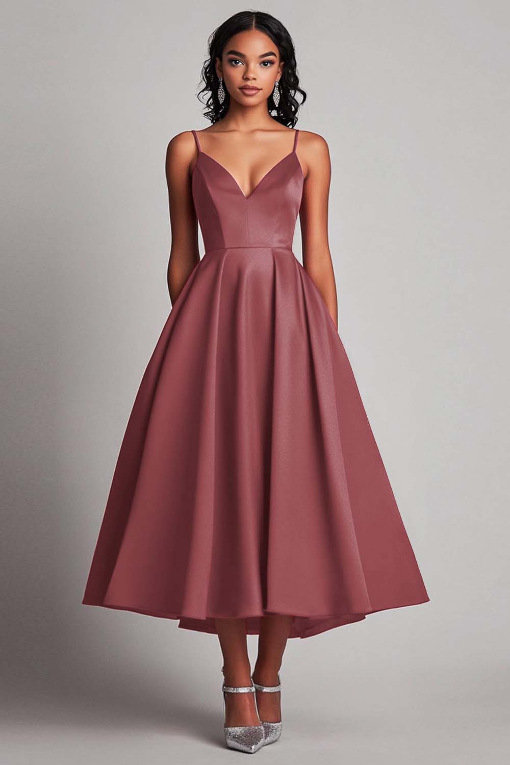 Red Satin A-Line Spaghetti Straps Tea Length Formal Dress