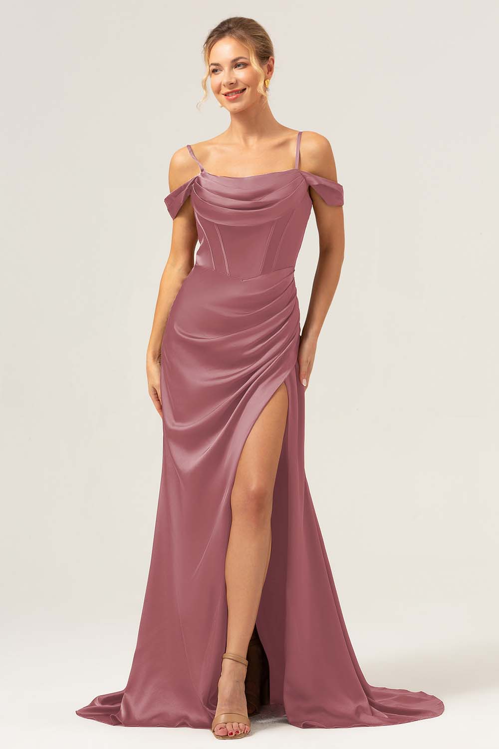 Coffee Cold Shoulder Satin Mermaid Wedding Party Dress with Slit