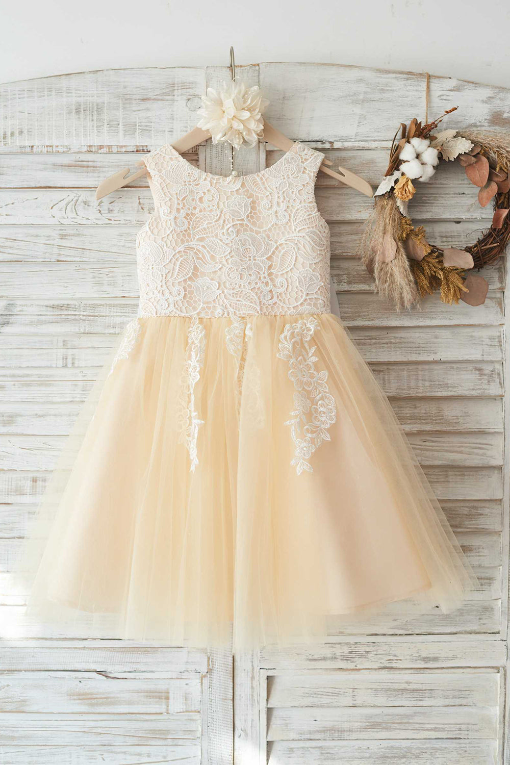 Leely Jewel Flower Girl Dress Champagne Little Girl Dress with Lace Bowknot