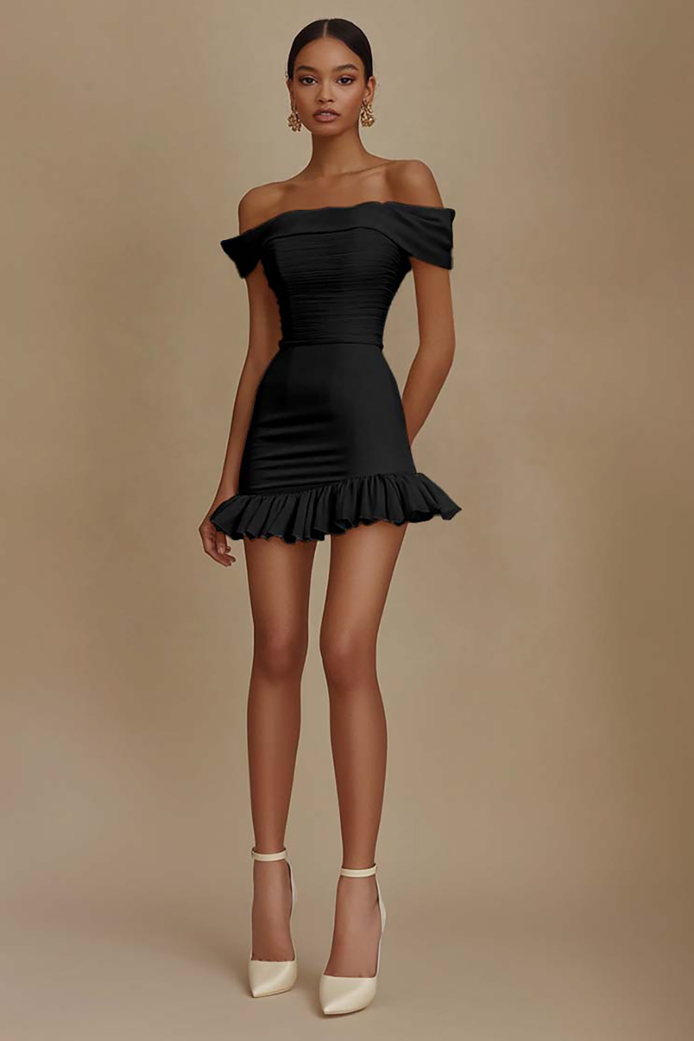 White Bodycon Satin Off The Shoulder Graduation Dress with Ruffles