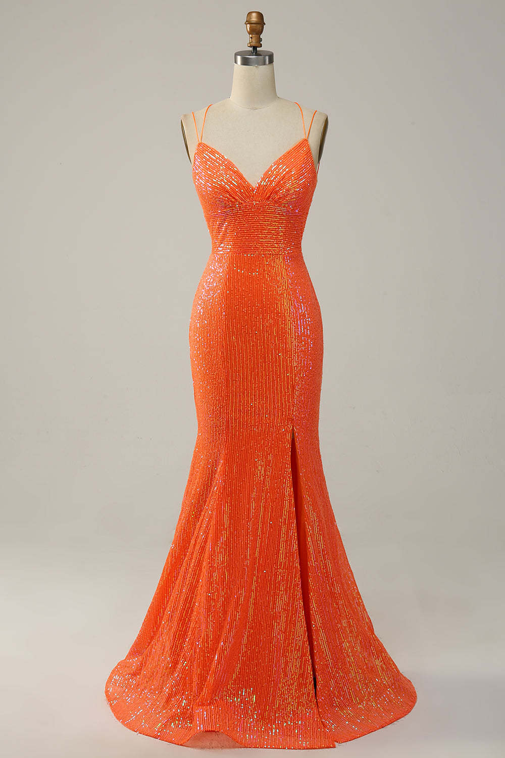 Leely Women Orange Sequins Long Prom Dress Mermaid V Neck Evening Wear with Criss Cross Back