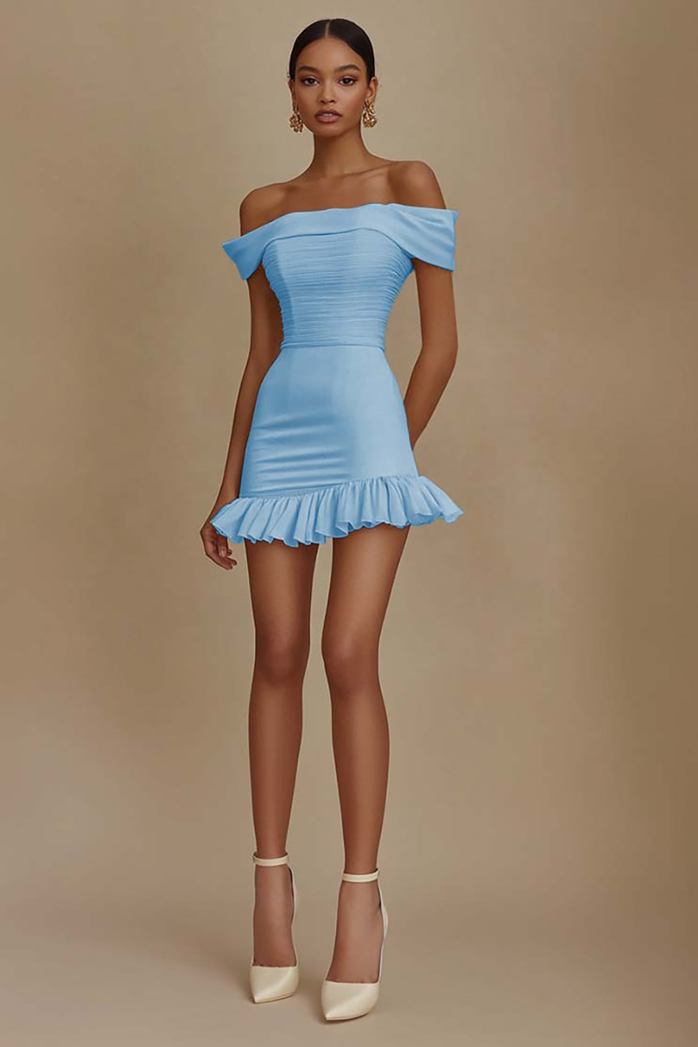 White Bodycon Satin Off The Shoulder Graduation Dress with Ruffles