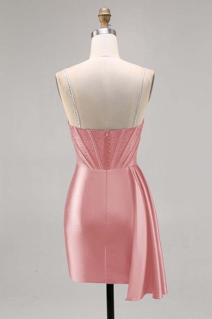 Sparkly Navy Corset Satin Short Beaded Homecoming Dress with Drape