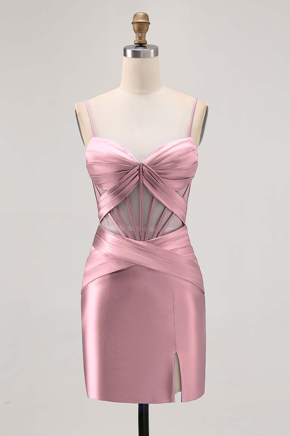 Satin Tight Royal Blue Ruched Corset Short Homecoming Dress with Slit