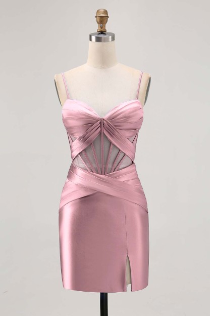 Satin Tight Royal Blue Ruched Corset Short Homecoming Dress with Slit