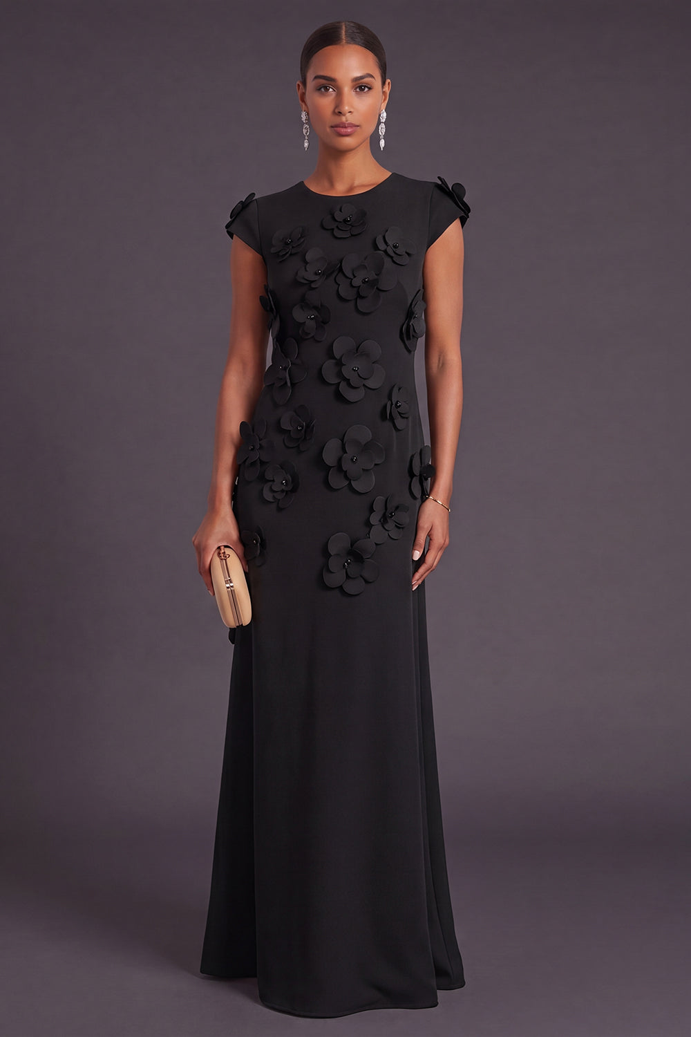 Yellow Floral A Line Round Neck Long Formal Dress