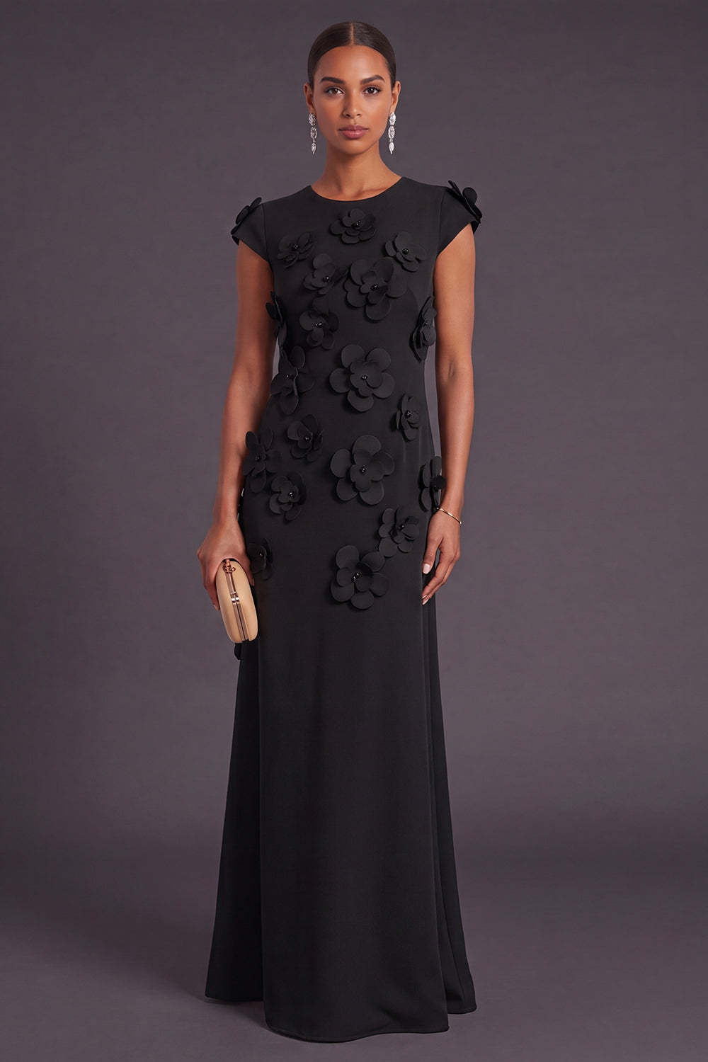 Yellow Floral A Line Round Neck Long Formal Dress