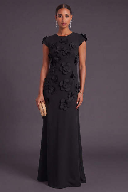 Yellow Floral A Line Round Neck Long Formal Dress