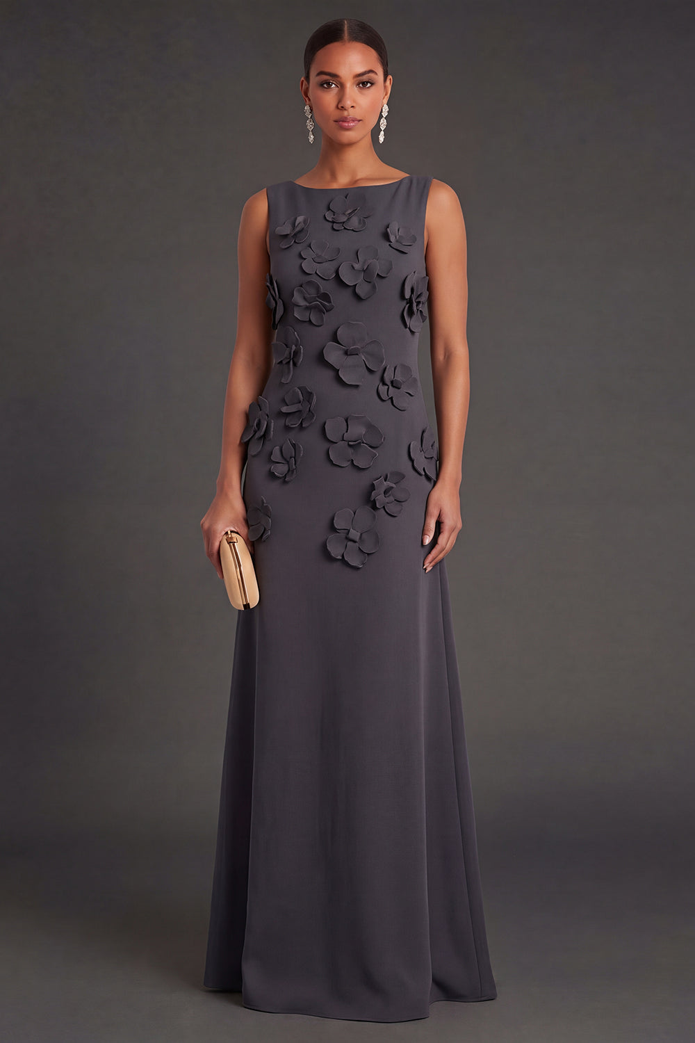 Hot Pink Floral Boat Neck A Line Long Formal Dress