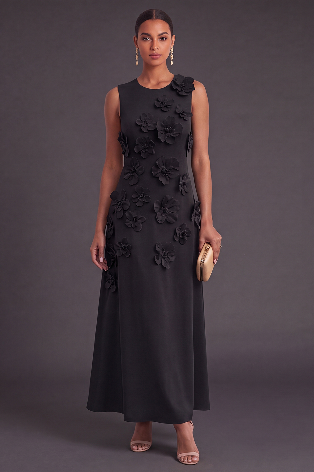 Hot Pink Floral Boat Neck A Line Long Wedding Guest Dress