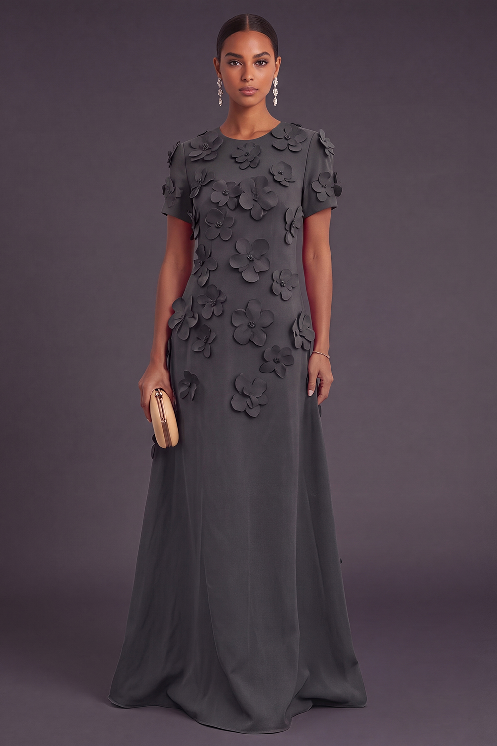 Blue Floral A Line Round Neck Long Formal Dress with Sleeves