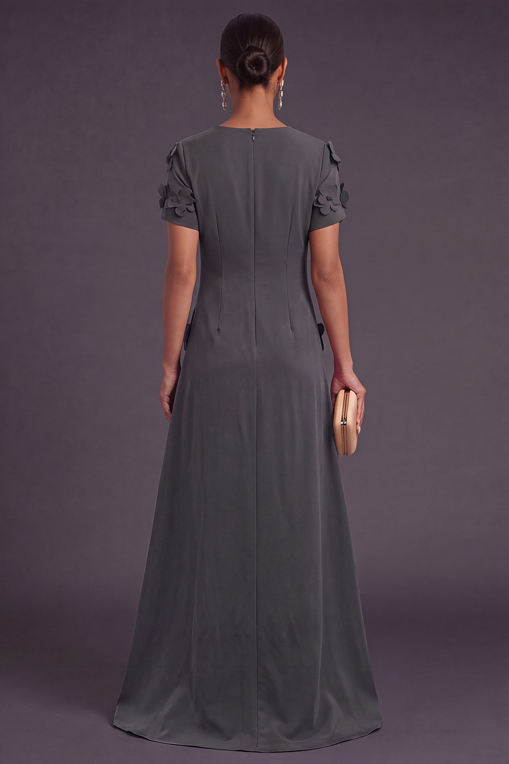Blue Floral A Line Round Neck Long Formal Dress with Sleeves