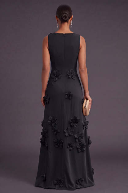 Hot Pink A Line Boat Neck Long Formal Dress with 3D Flowers