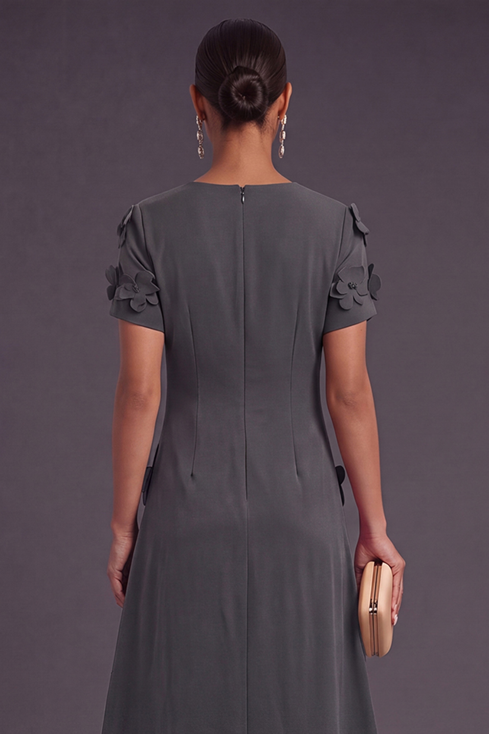 Blue Floral A Line Round Neck Long Formal Dress with Sleeves
