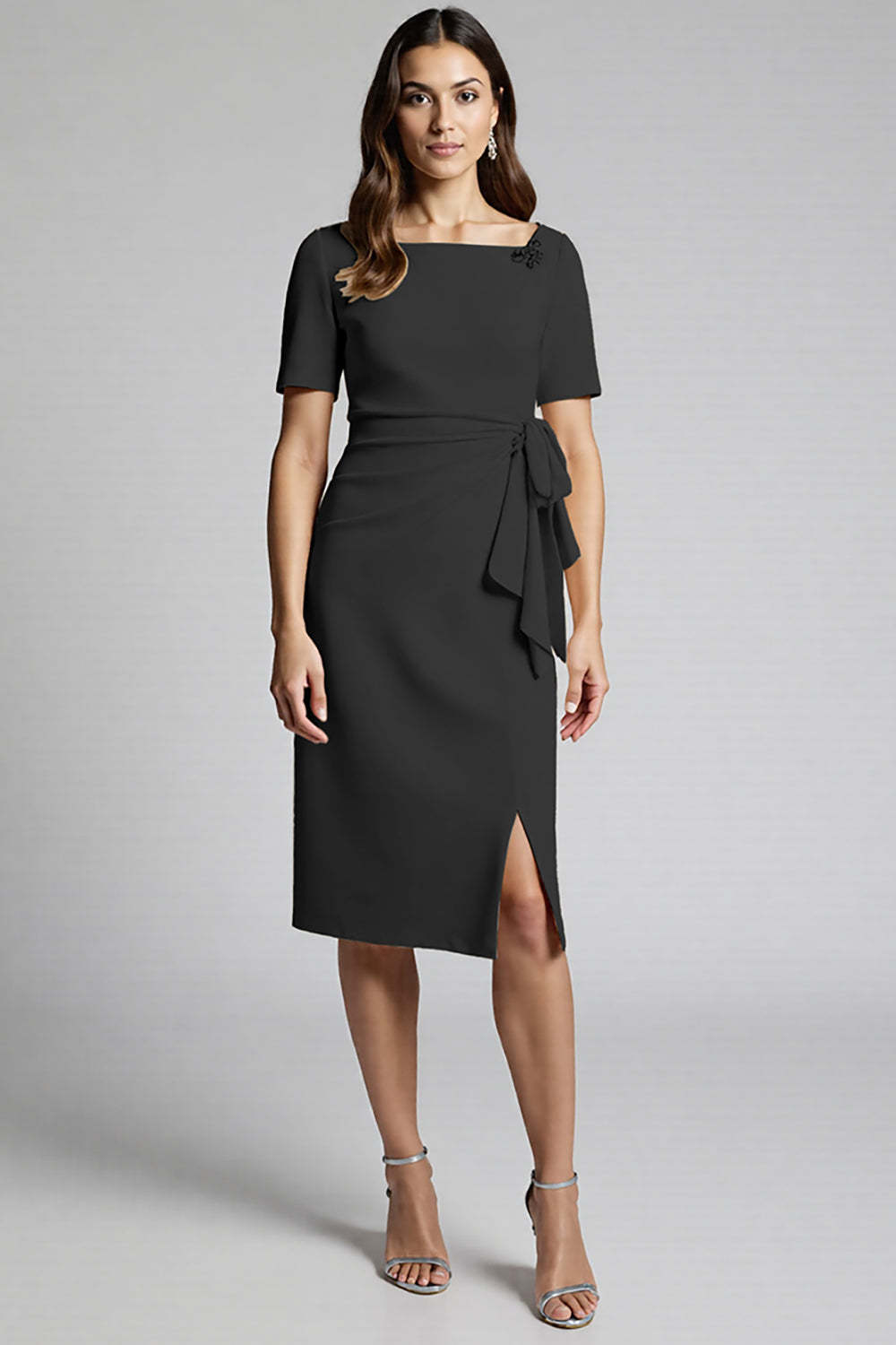 Leely Women Dusty Blue Satin Midi Work Dress with Slit Bodycon Square Neck Ruched Short Sleeves Semi Formal Dress with Sash