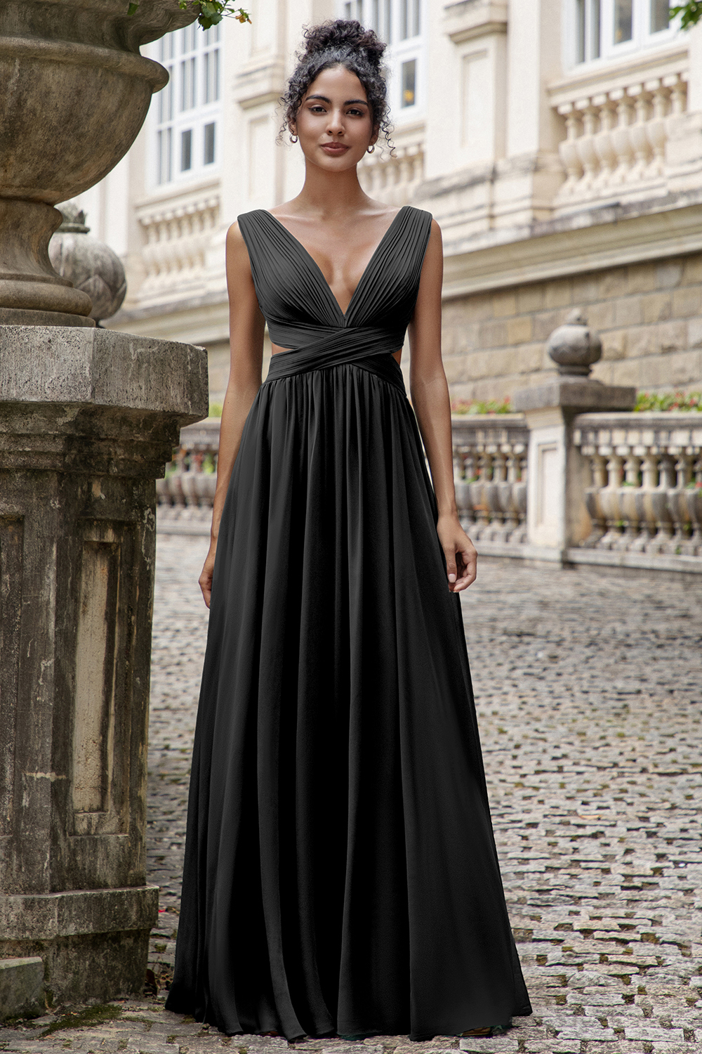 Dark Green Pleated V Neck A Line Chiffon Wedding Guest Dress