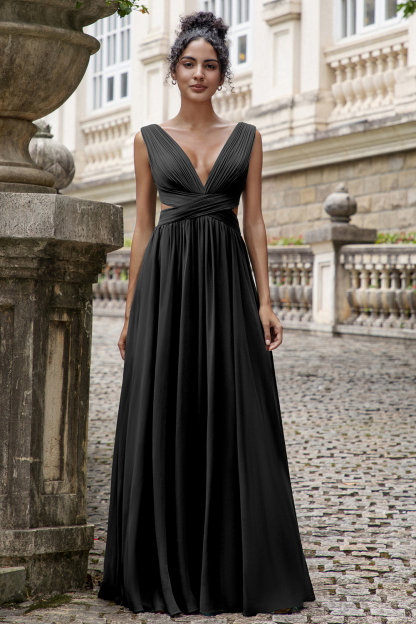 Dark Green Pleated V Neck A Line Chiffon Wedding Guest Dress