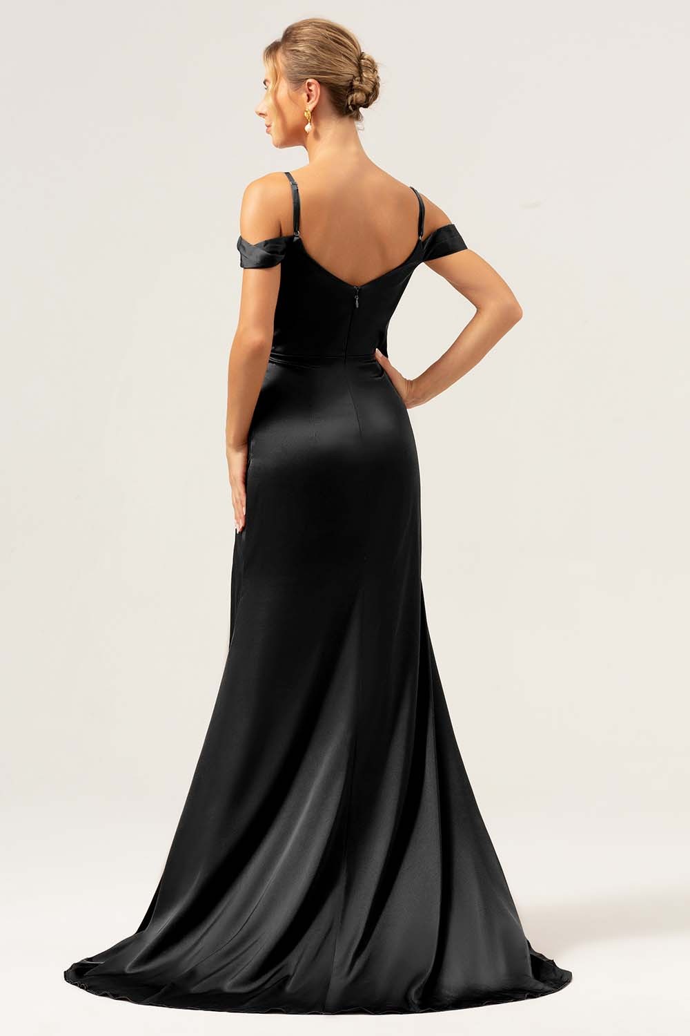 Coffee Cold Shoulder Satin Mermaid Wedding Party Dress with Slit