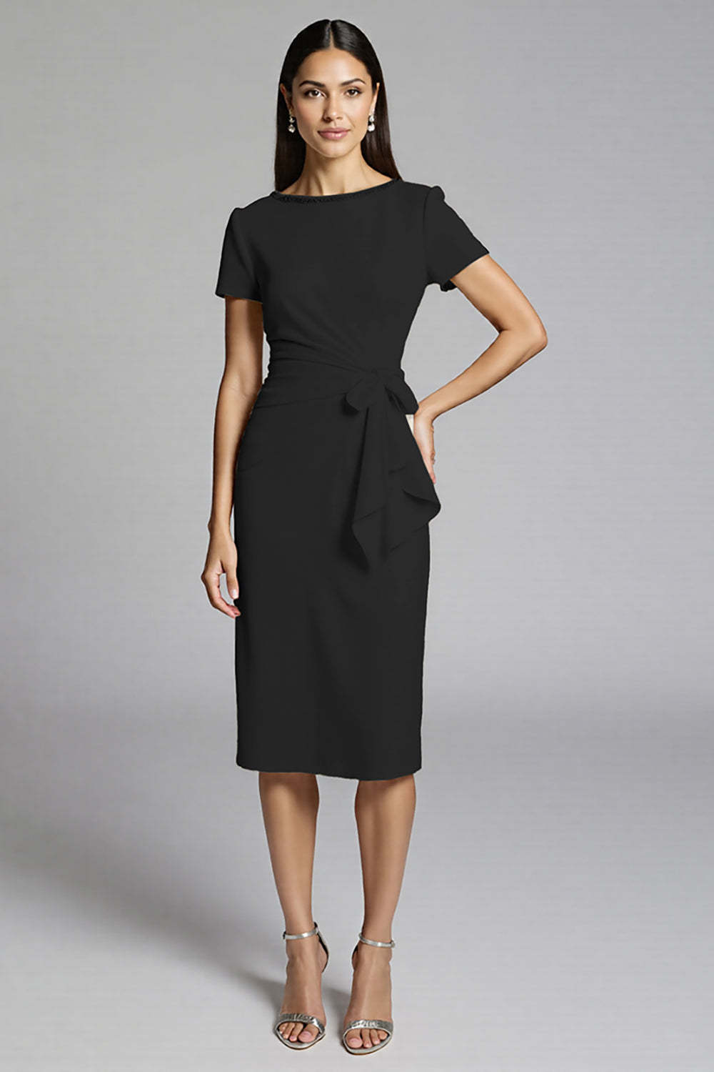 Leely Women Beige Satin Midi Work Dress with Ruffles Ruched Bodycon Semi Formal Dress with Sleeves