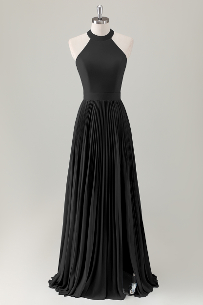 Leely Women Grey Blue Bridesmaid Dress with Slit A-Line Halter Long Formal Dress with Bow