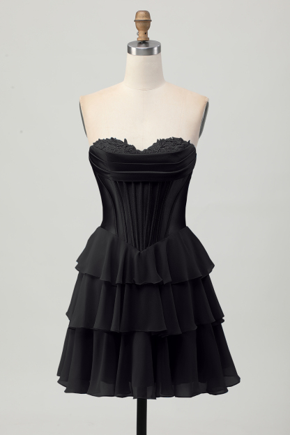 Yellow Sweetheart Corset Short Tiered Homecoming Dress with Appliques