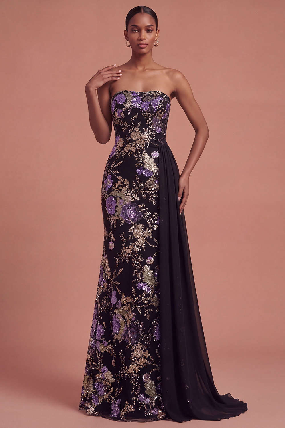 Pink Floral Sparkly Long Prom Dress with Cape