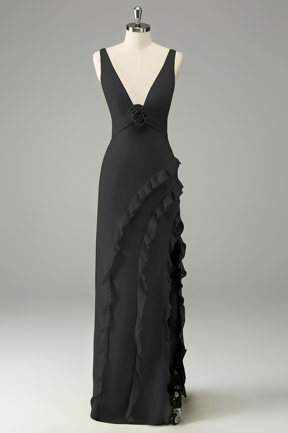 Lime Deep V Neck Ruffles Wedding Guest Dress with Slit