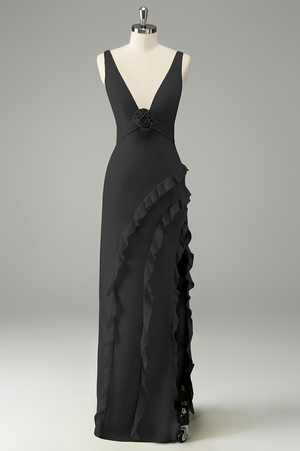 Lime Deep V Neck Ruffles Wedding Guest Dress with Slit