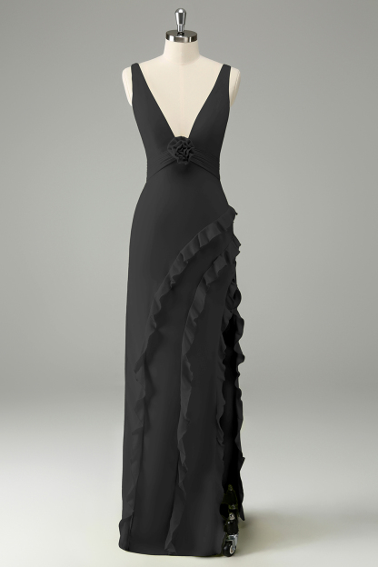 Lime Deep V Neck Ruffles Wedding Guest Dress with Slit