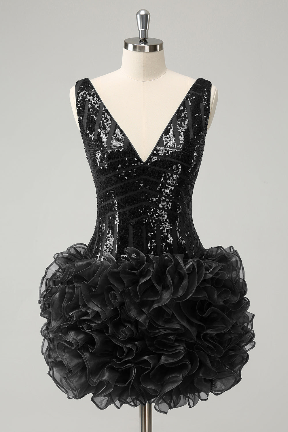 Leely Women Glitter Dark Green Tight Homecoming Dress with Tiered Ruffles V Neck Sequins Cocktail Party Dress