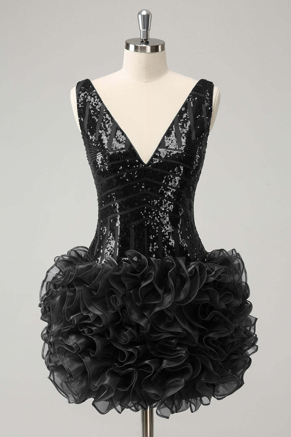 Leely Women Glitter Dark Green Tight Homecoming Dress with Tiered Ruffles V Neck Sequins Cocktail Party Dress