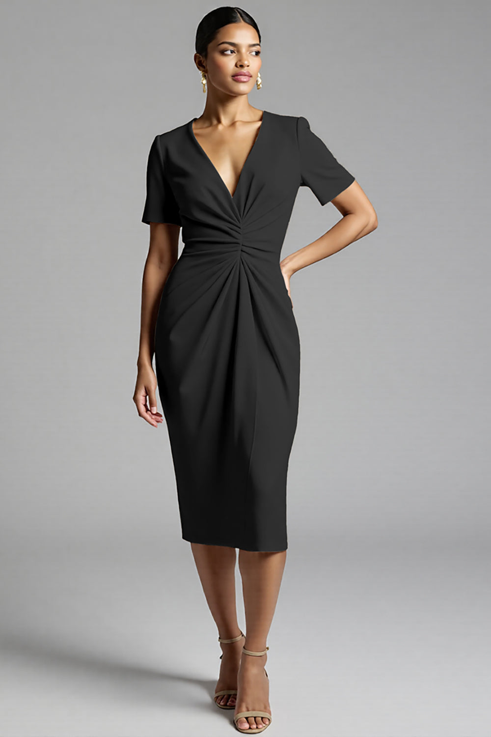 Tahiti V-Neck Bodycon Midi Satin Work Dress with Sleeves