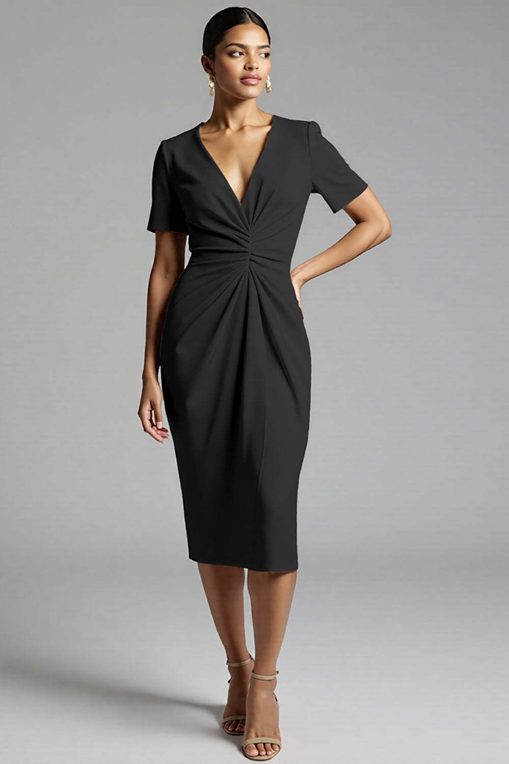 Tahiti V-Neck Bodycon Midi Satin Work Dress with Sleeves