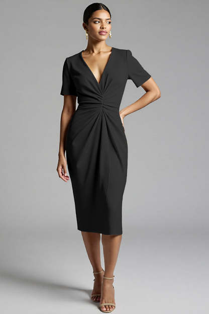 Tahiti V-Neck Bodycon Midi Satin Work Dress with Sleeves