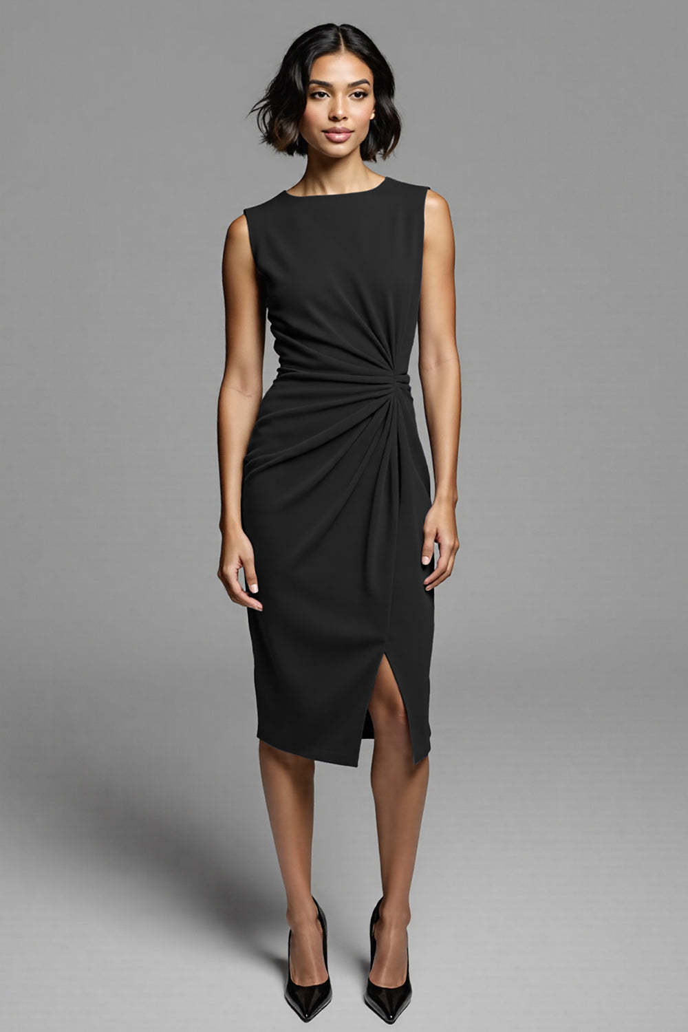 Royal Blue Satin Bodycon Ruched Midi Work Dress with Slit