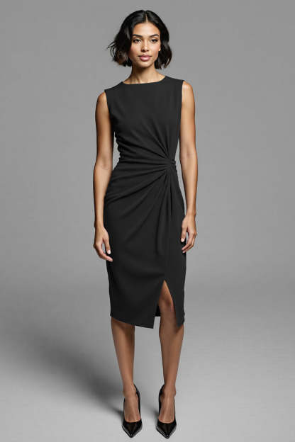 Royal Blue Satin Bodycon Ruched Midi Work Dress with Slit