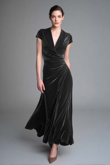 Caramel Velvet V Neck Ruched Maxi Holiday Party Dress with Sleeves