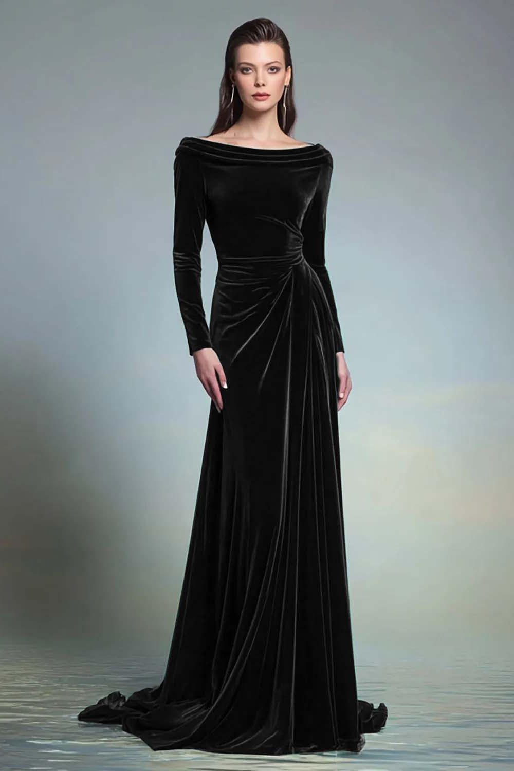 Dark Green Bateau Neck Velvet Long Formal Dress with Sleeves