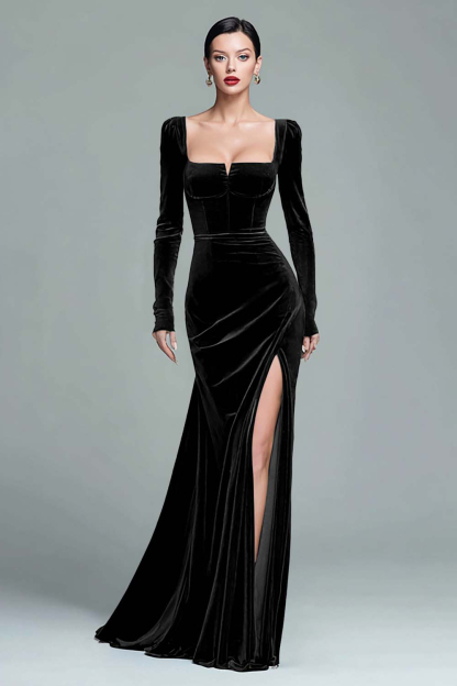 Dark Green Square Neck Velvet Long Holiday Party Dress with Slit