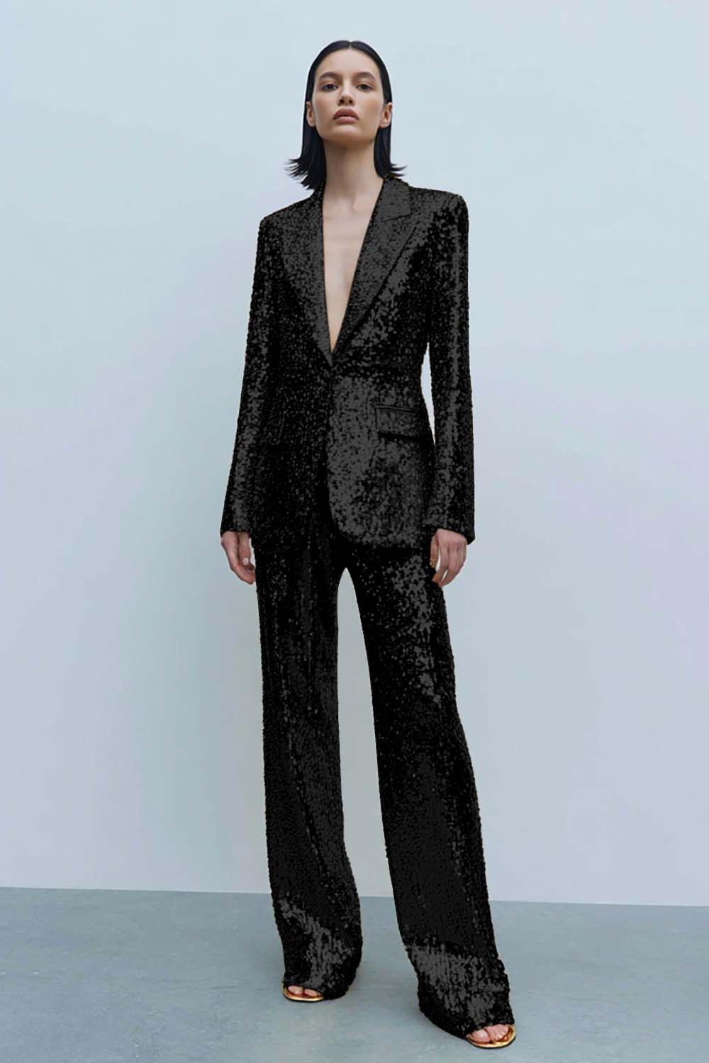 Sparkly Gold 2 Piece Sequined Women Prom Party Suits with Pockets