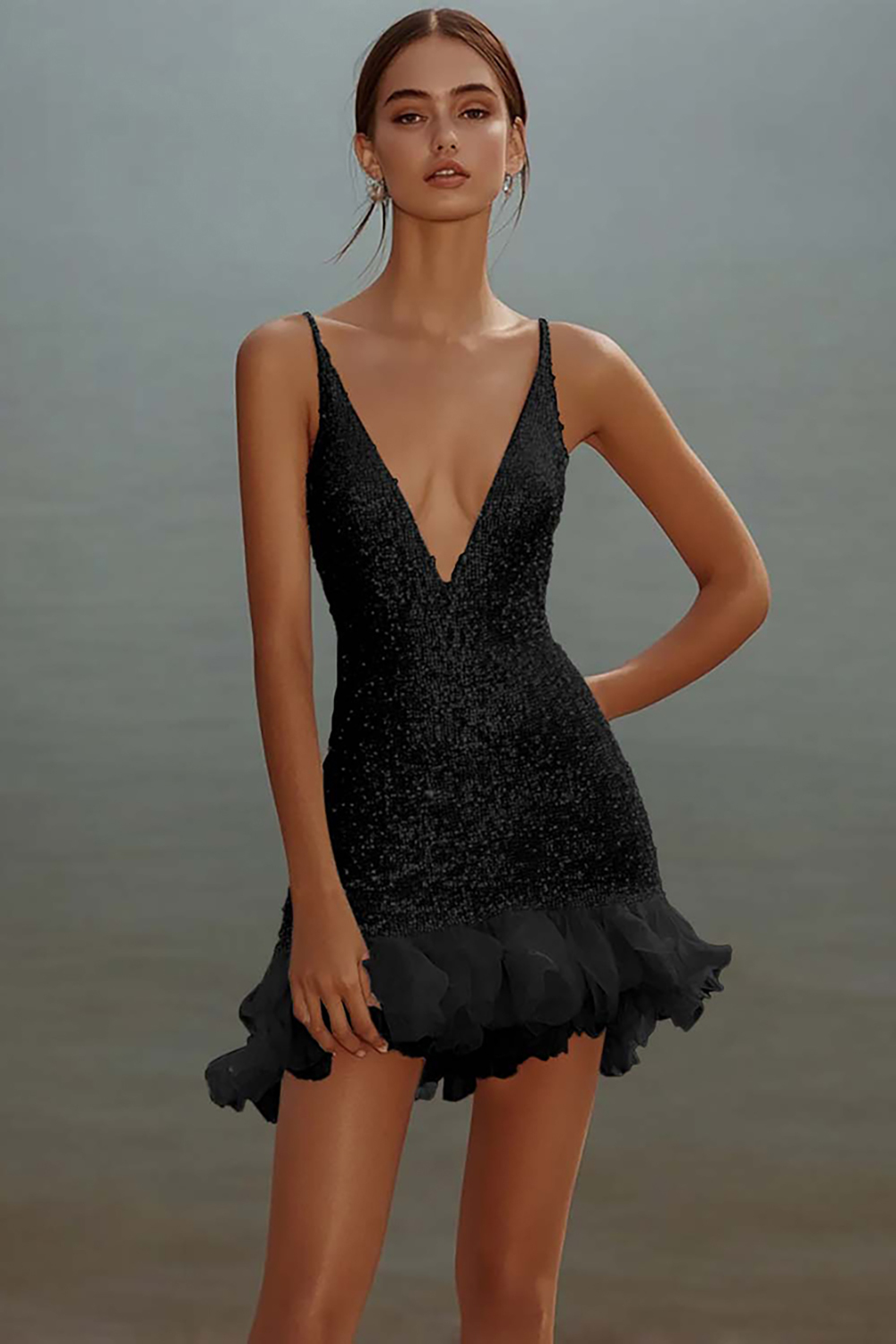 Sparkly White Bodycon Sequined V-Neck Mini Graduation Dress