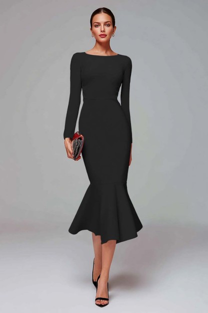 Elegant Midi Red Mermaid Long Sleeves Work Dress