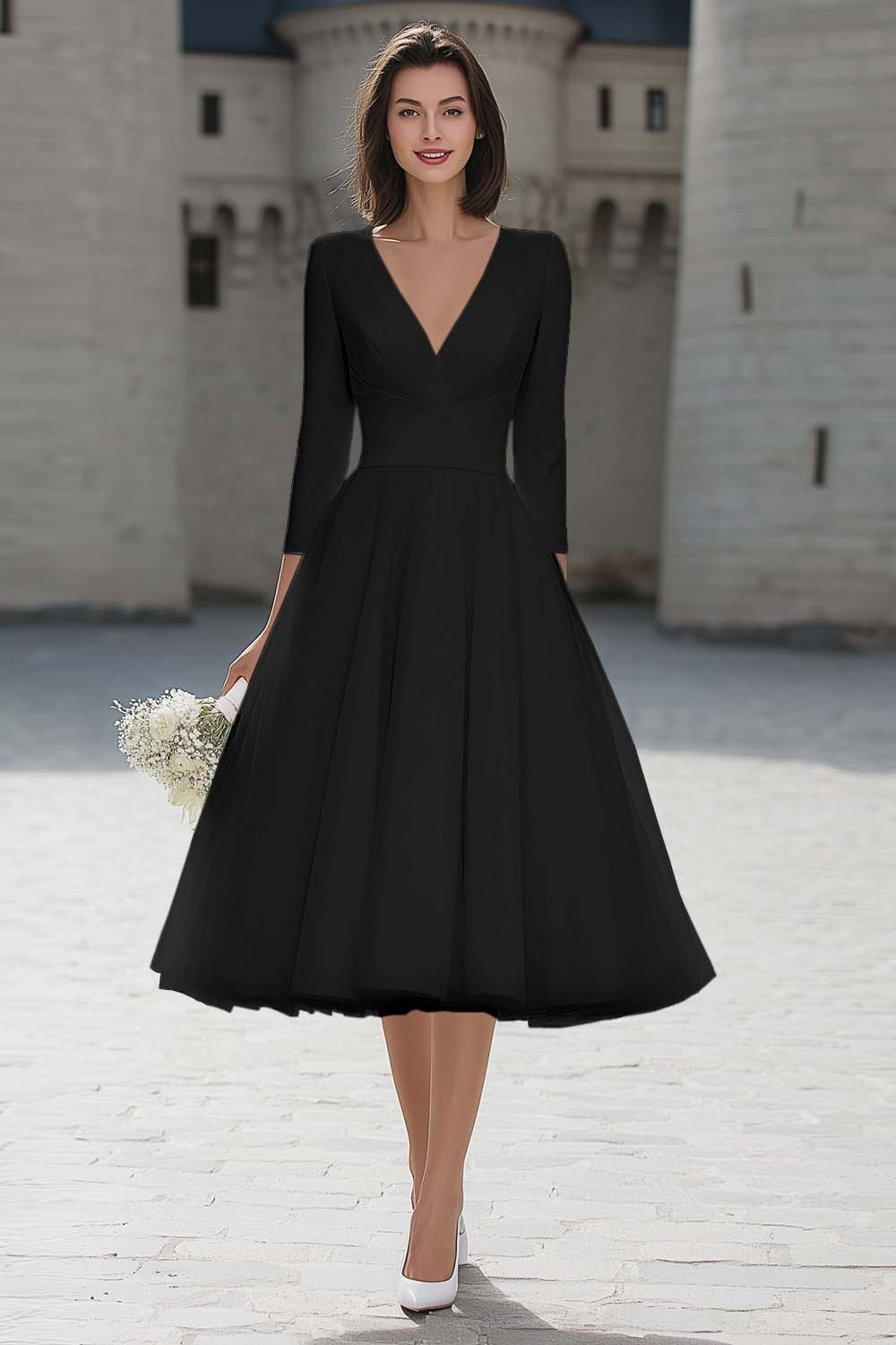 Ivory V-Neck A Line Midi Simple Wedding Dress with Sleeves