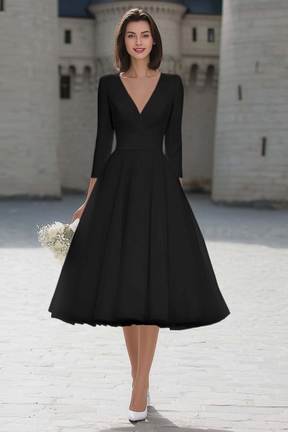 Ivory V-Neck A Line Midi Simple Wedding Dress with Sleeves