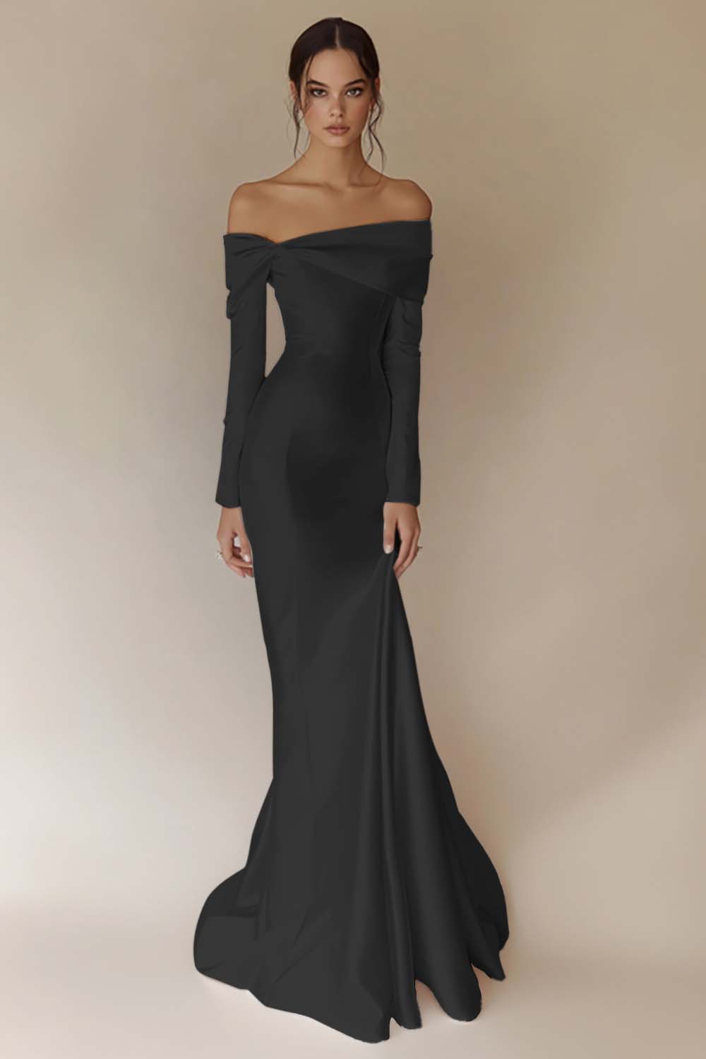 White Satin Off the Shoulder Sheath Maxi Rehearsal Dinner Dress with Sleeves